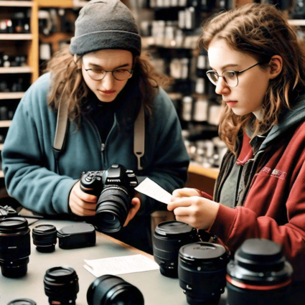two girls deciding what to buy at a camera store