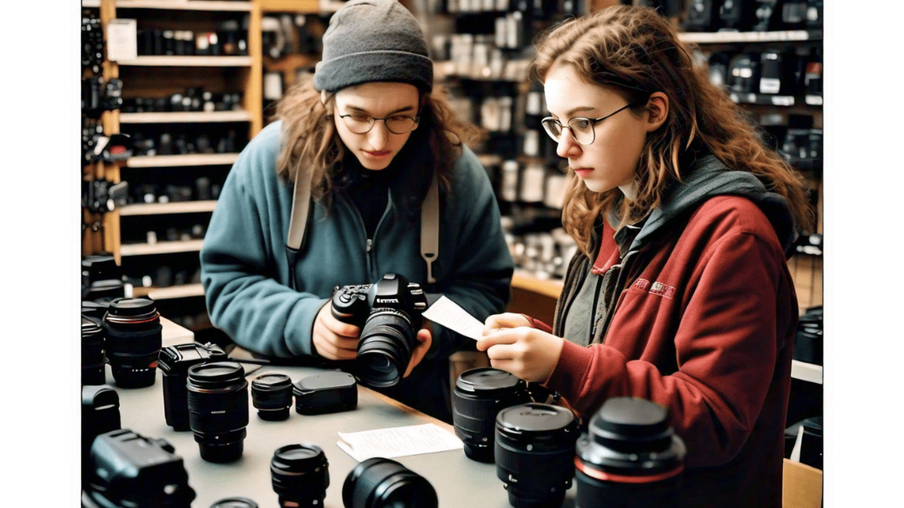 two girls deciding what to buy at a camera store