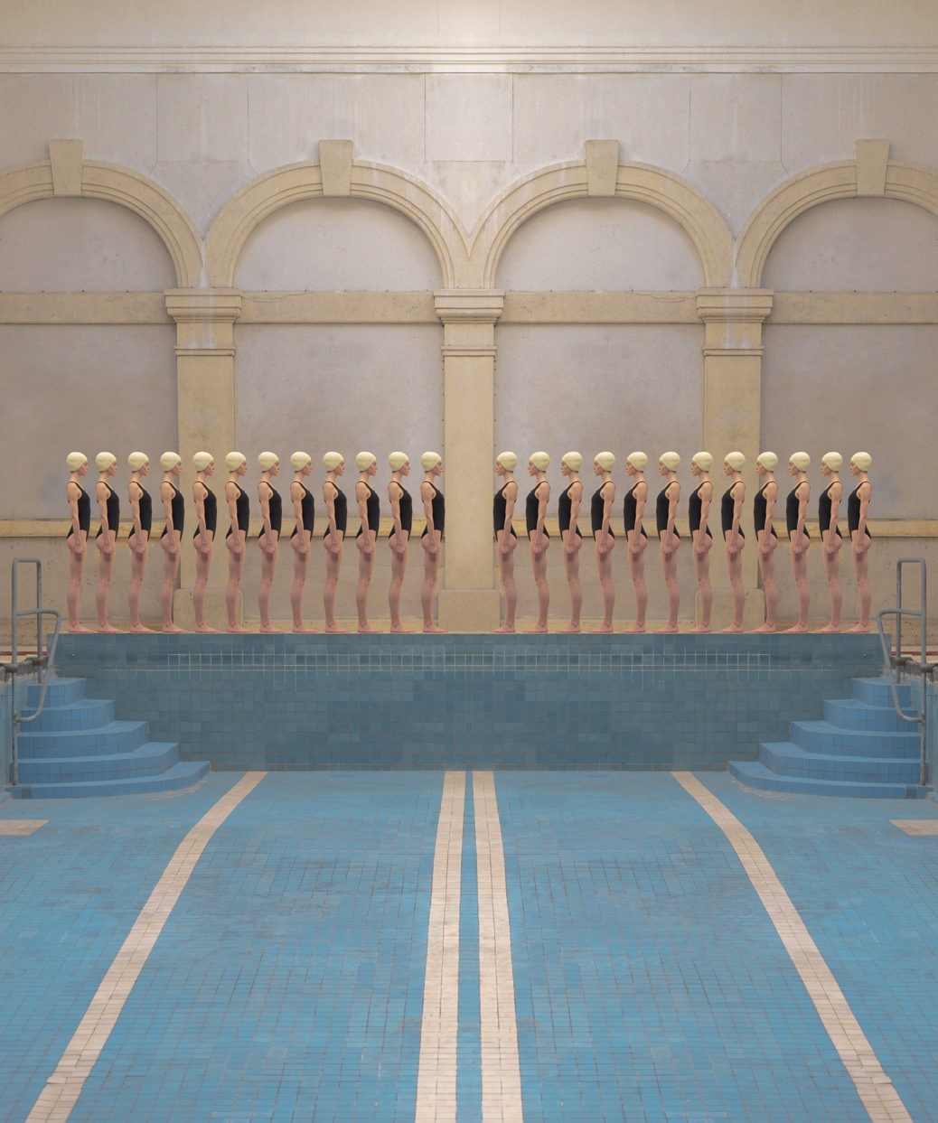 identical swimmers standing in a line