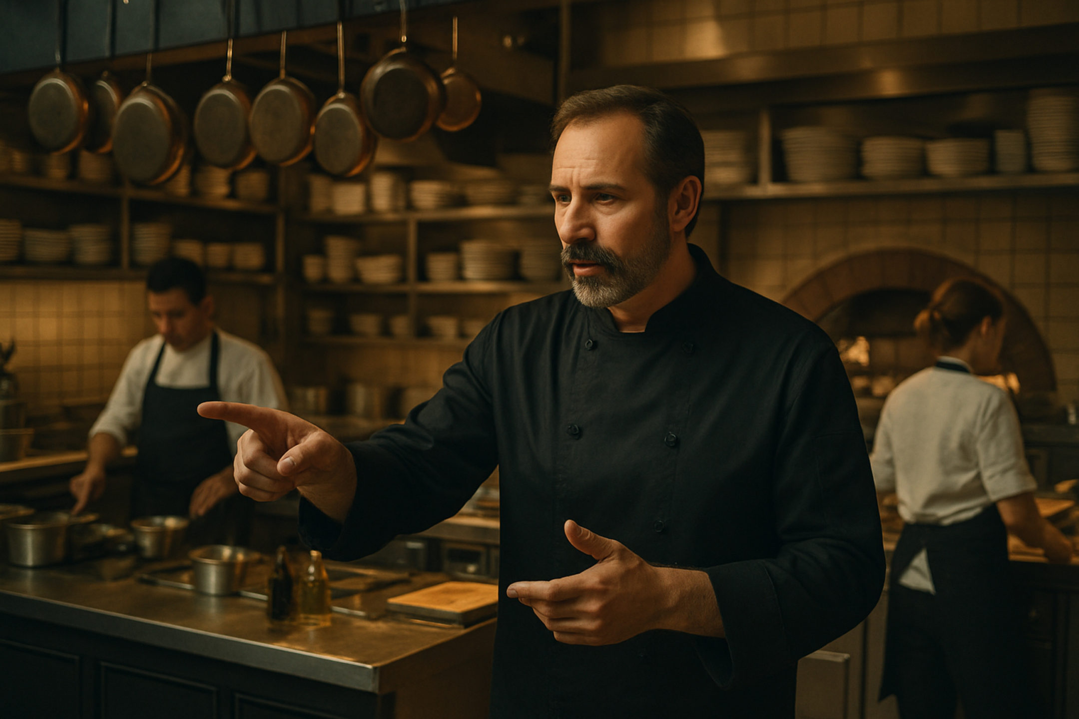 Head chef speaking to other chef in restaurant kitchen