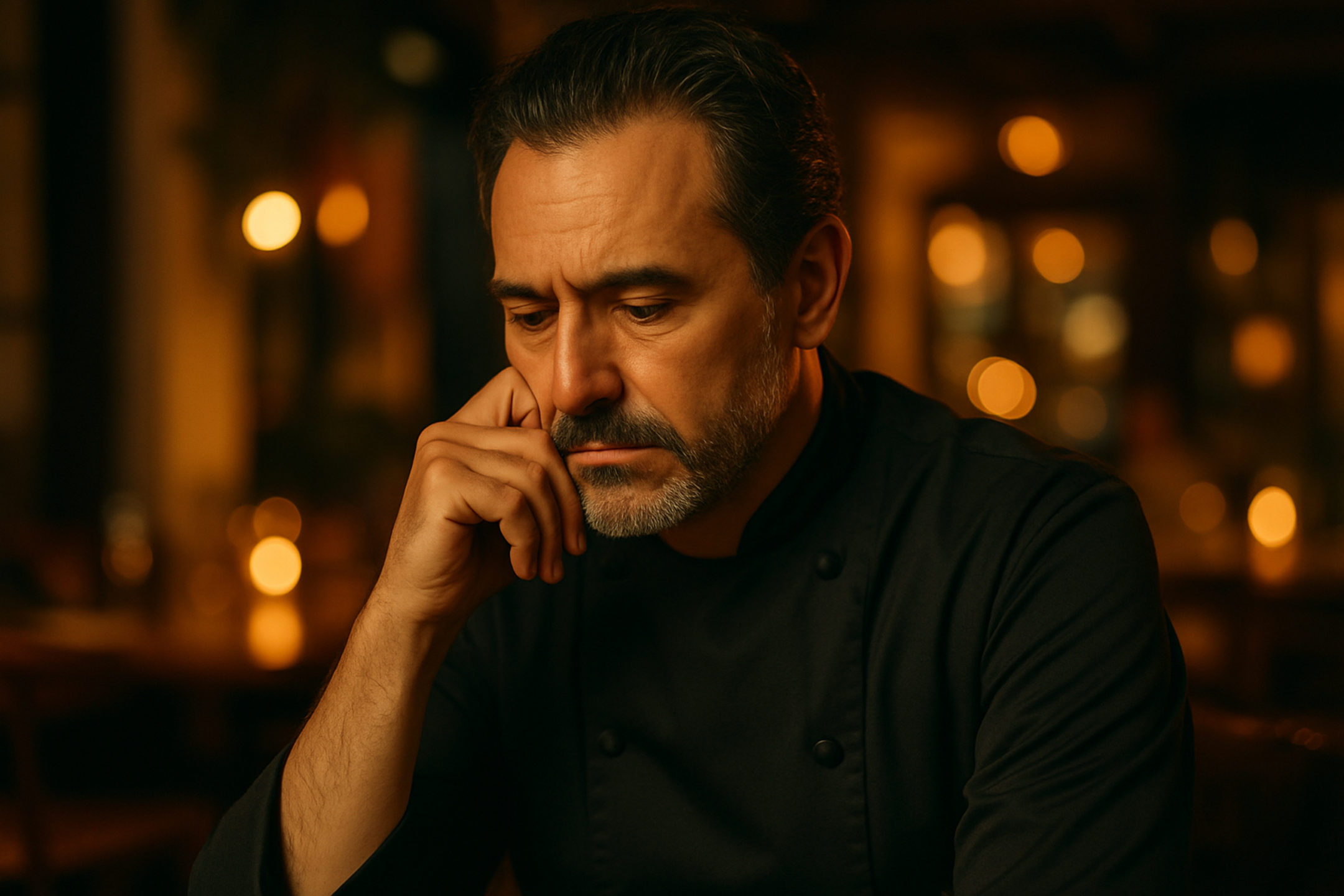 Head chef sitting and thinking in restaurant