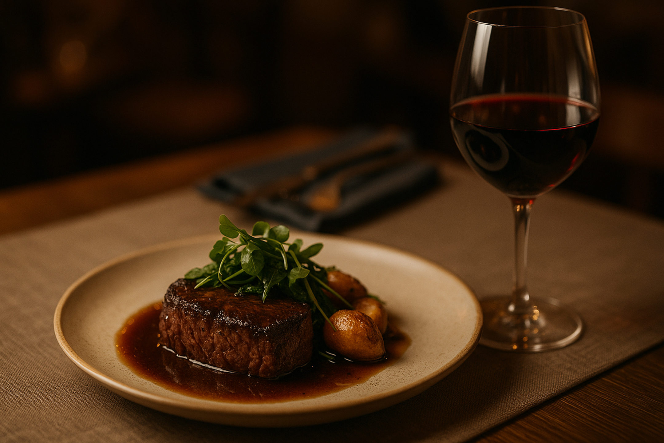 Storytelling: AI image of a steak and glass of wine on a restaurant dinner table