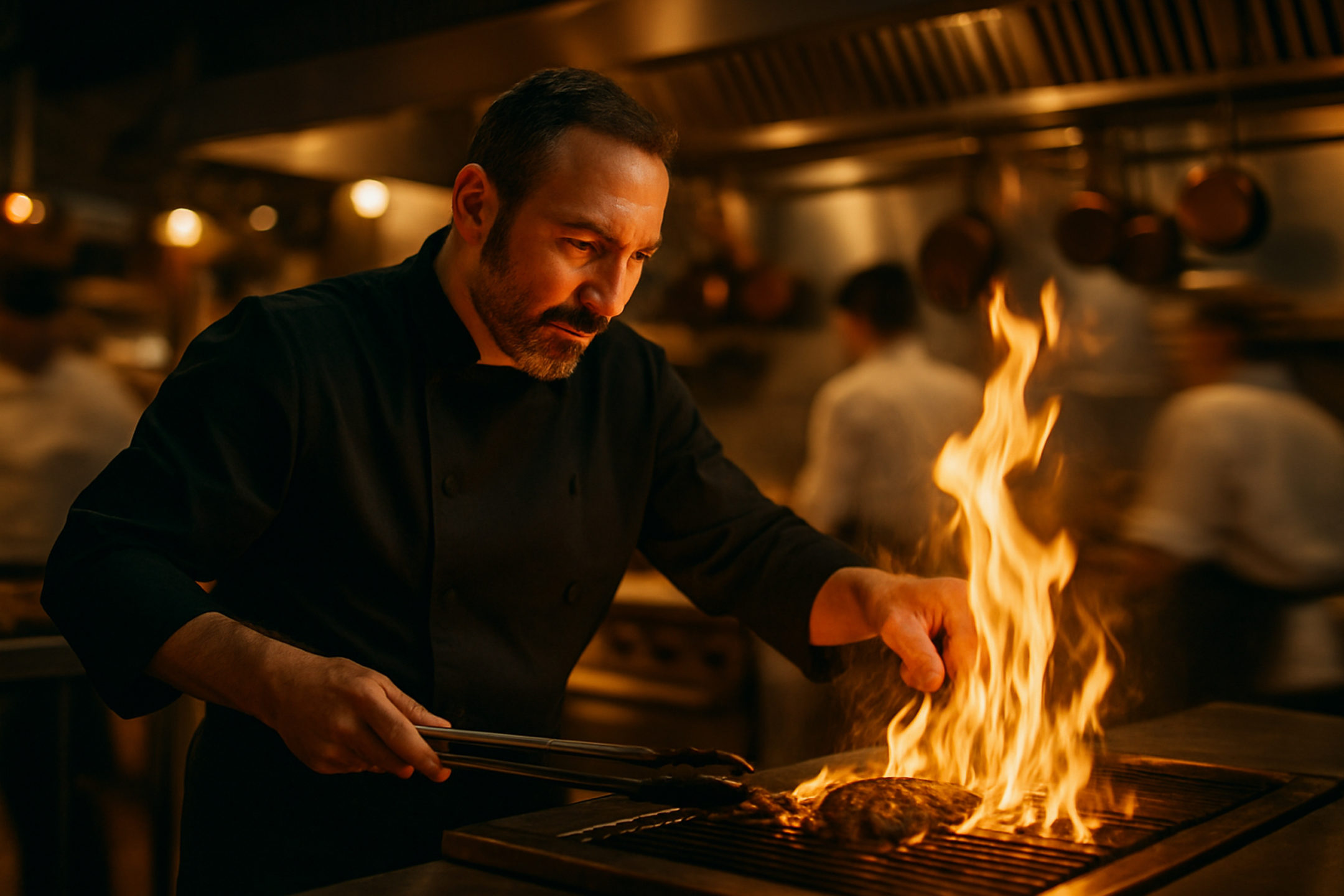 Chef cooking meat on a restaurant barbeque