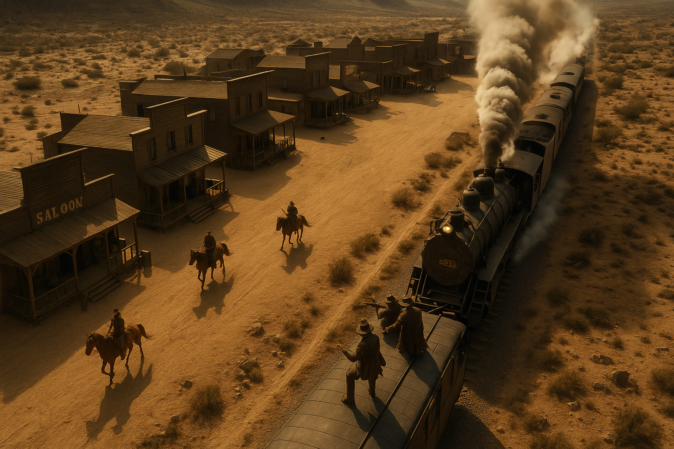 Close aerial AI image of a midwestern town with a train and men on horses