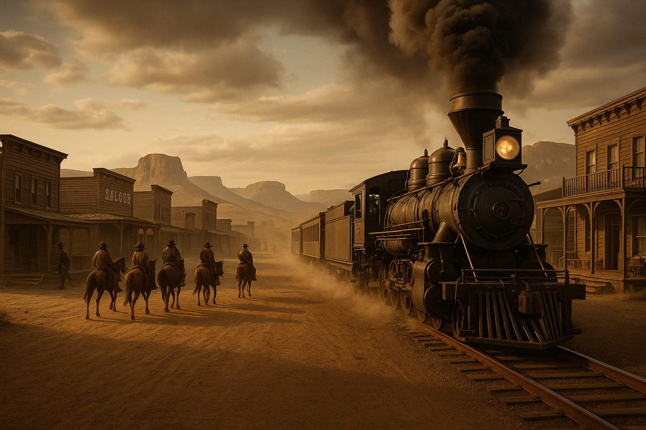 Front view AI image of a idewestern town showing the front of the train and oncoming men on horses