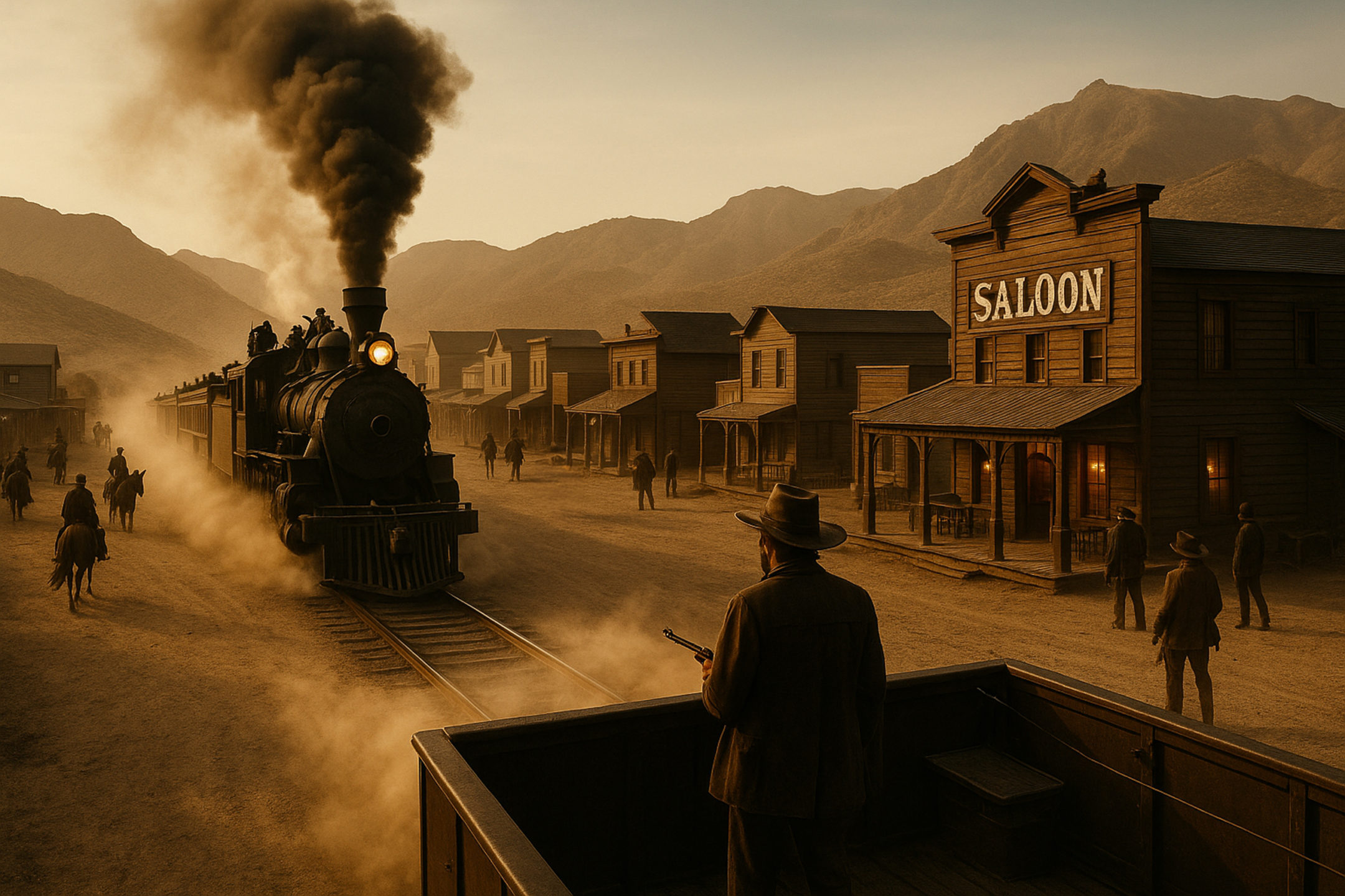 Storytelling: AI image of midwestern town, showing a man standing guard