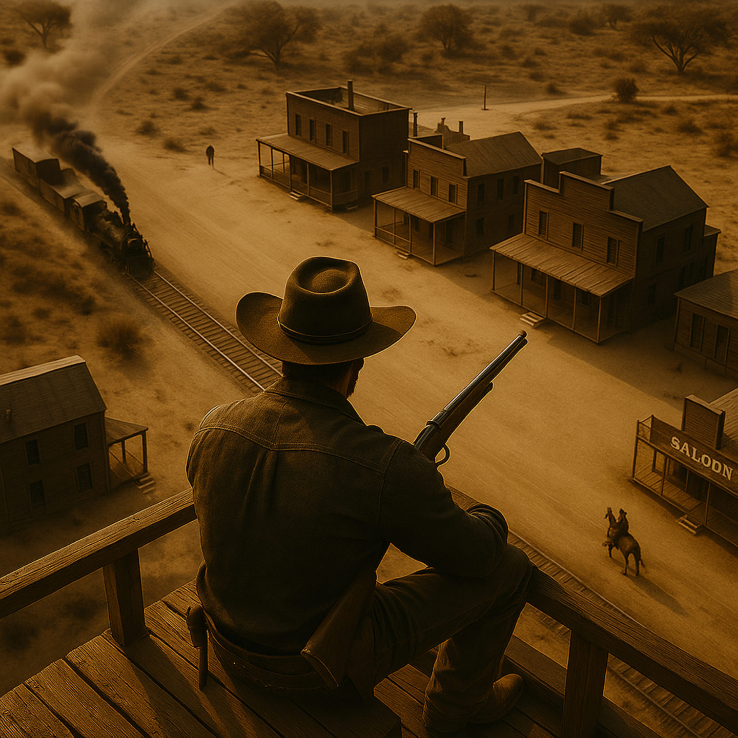 Aerial AI image of man standing watch over midwestern town