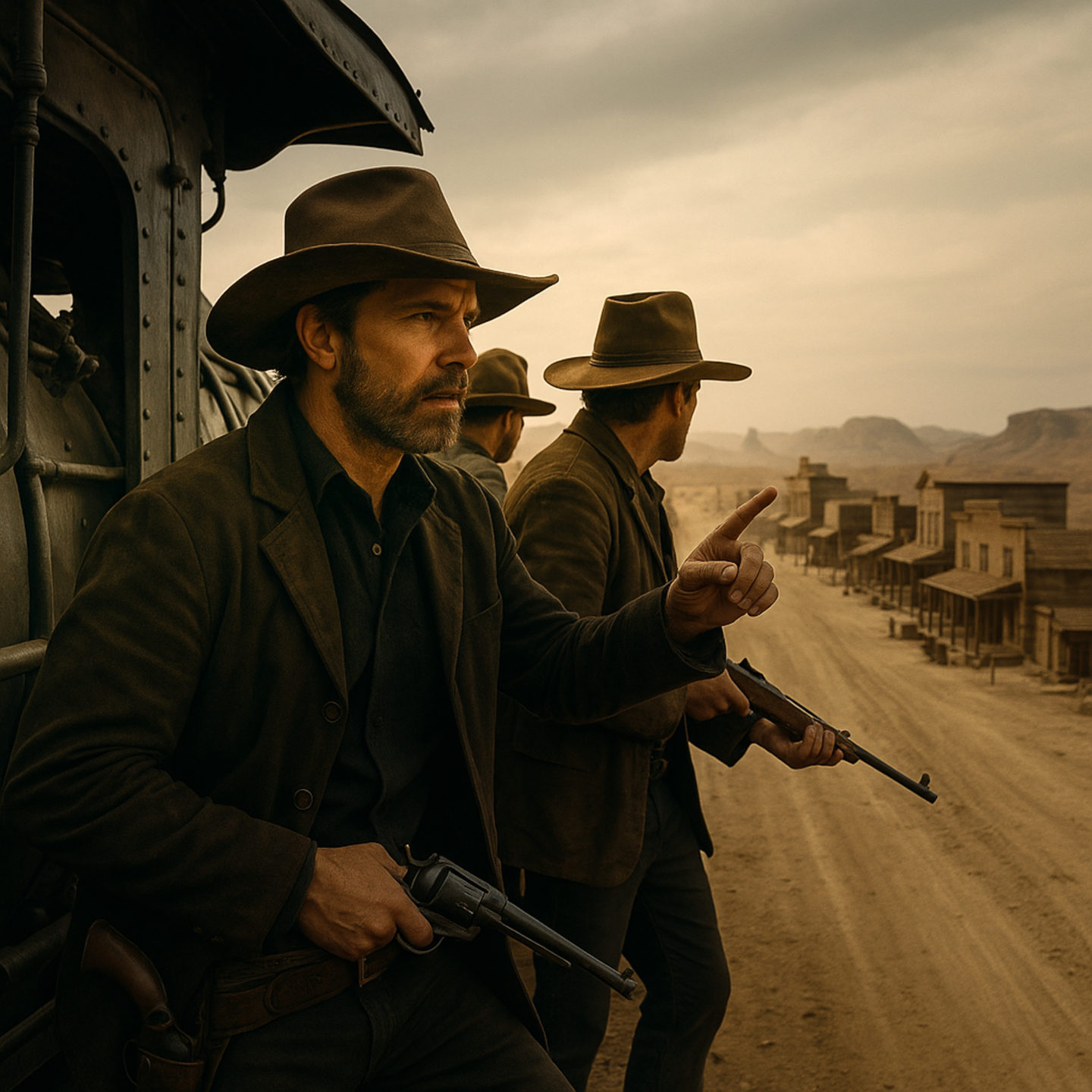 AI image of midwestern men with guns standing by a train