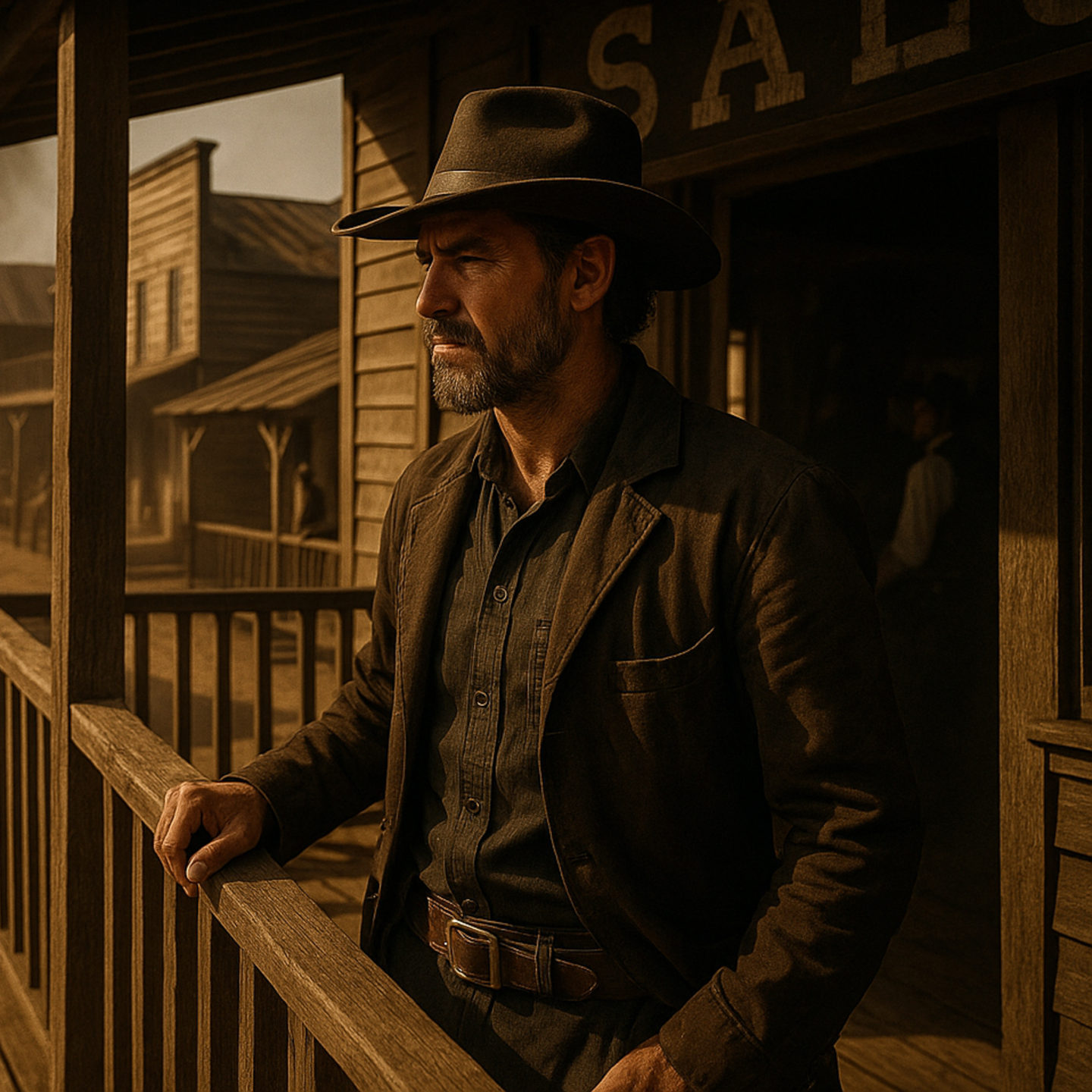 AI image of a midwestern an standing in front of a saloon