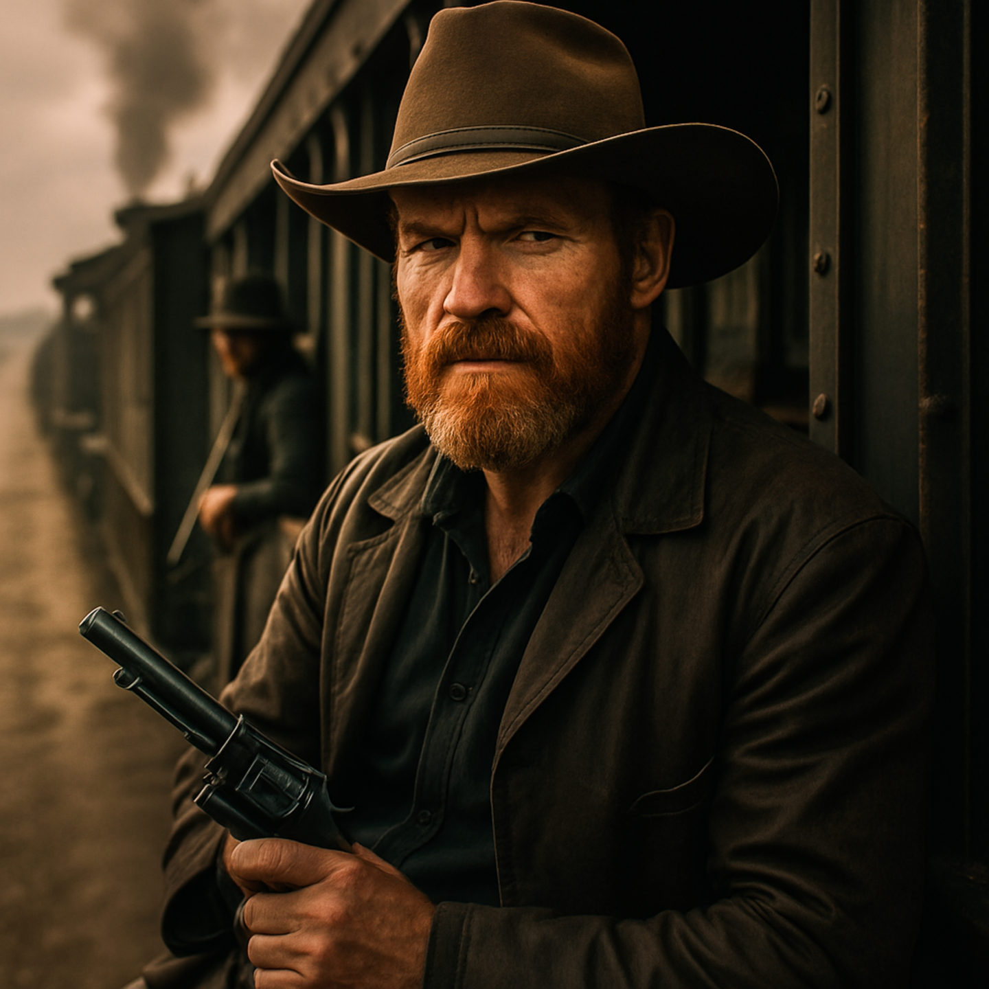 AI image of a red-headed midwestern man stepping off a train with a gun in his hand