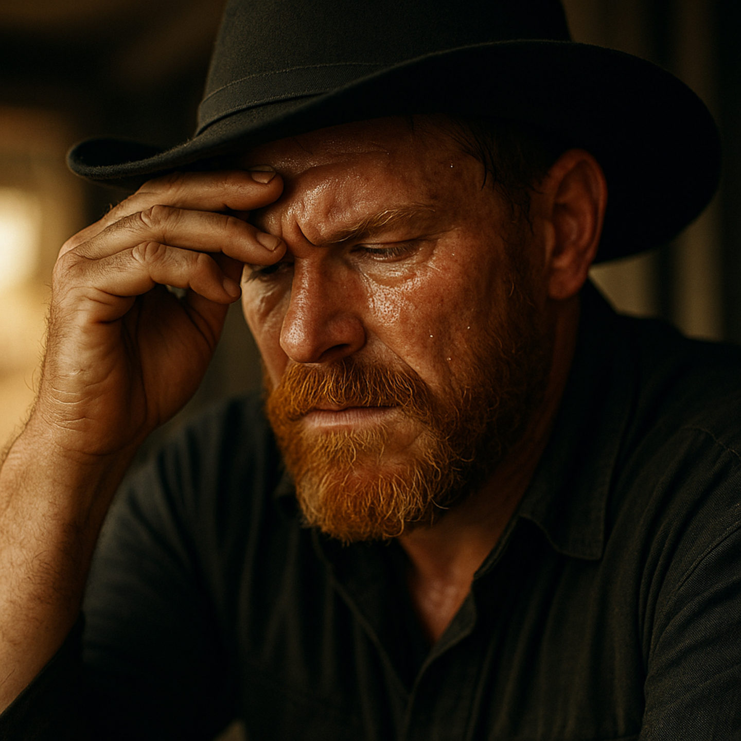 Red-headed mid-western man sitting and contemplating in saloon