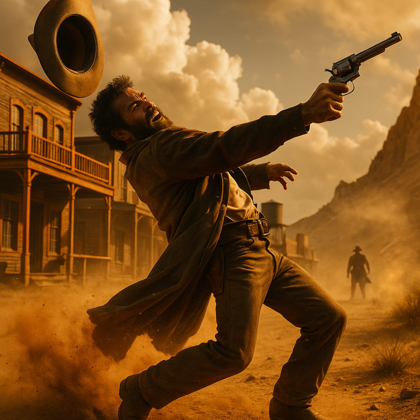 Storytelling: AI image of midwestern man falling after being shot