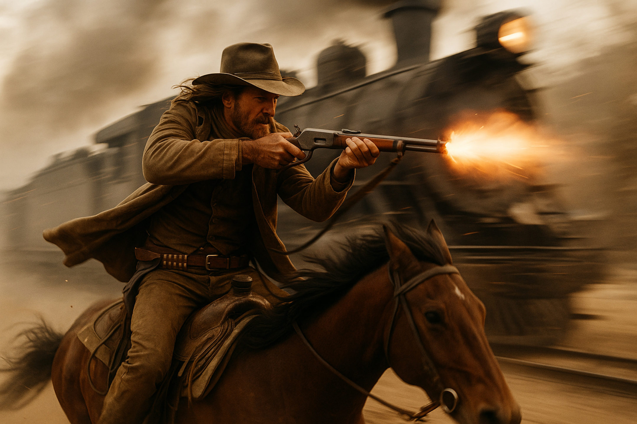 AI image of midwestern man on a horse shooting a gun