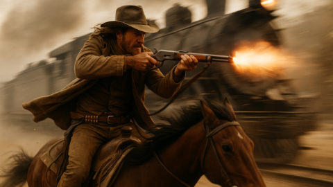 AI image storytelling of midwestern man shooting a gun on the back of a horse.