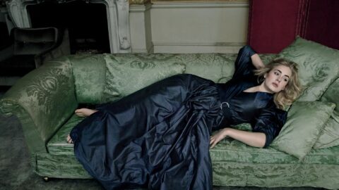 Adele reclining on a green damask sofa in a dark Alexander McQueen gown, by Annie Leibovitz