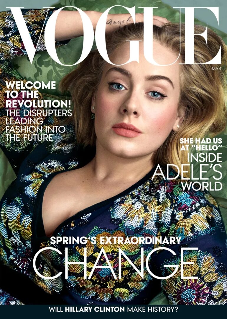 Adele on the cover of Vogue, March 2016, photographed by Annie Leibovitz in a beaded Burberry dress