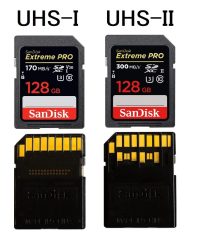 UHS II cards can be identified by their extra row of contacts, which enables their higher data transfer speeds.